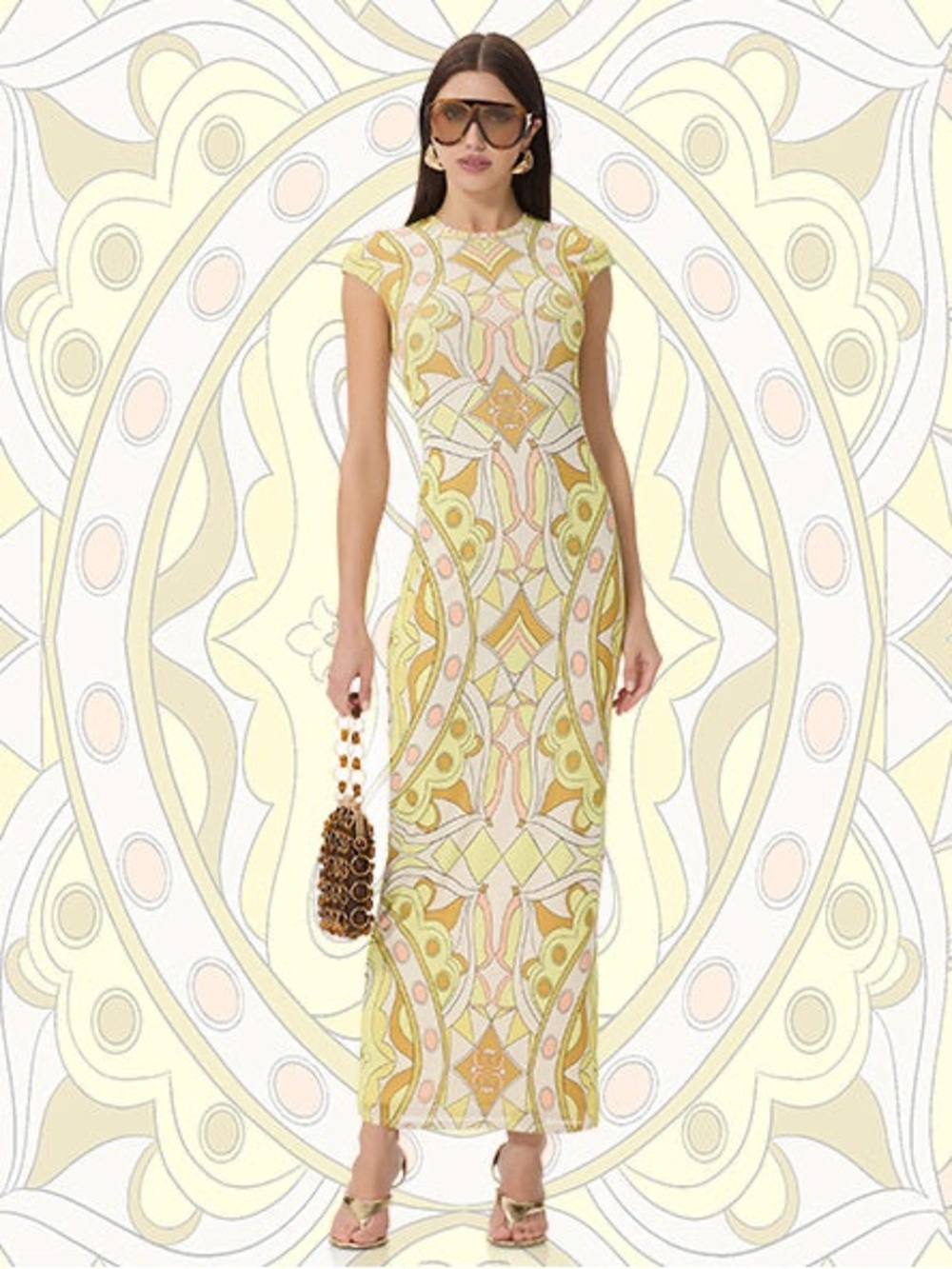 AFRM Cap-Sleeve Geometric Maxi Dress in Yellow and Cream